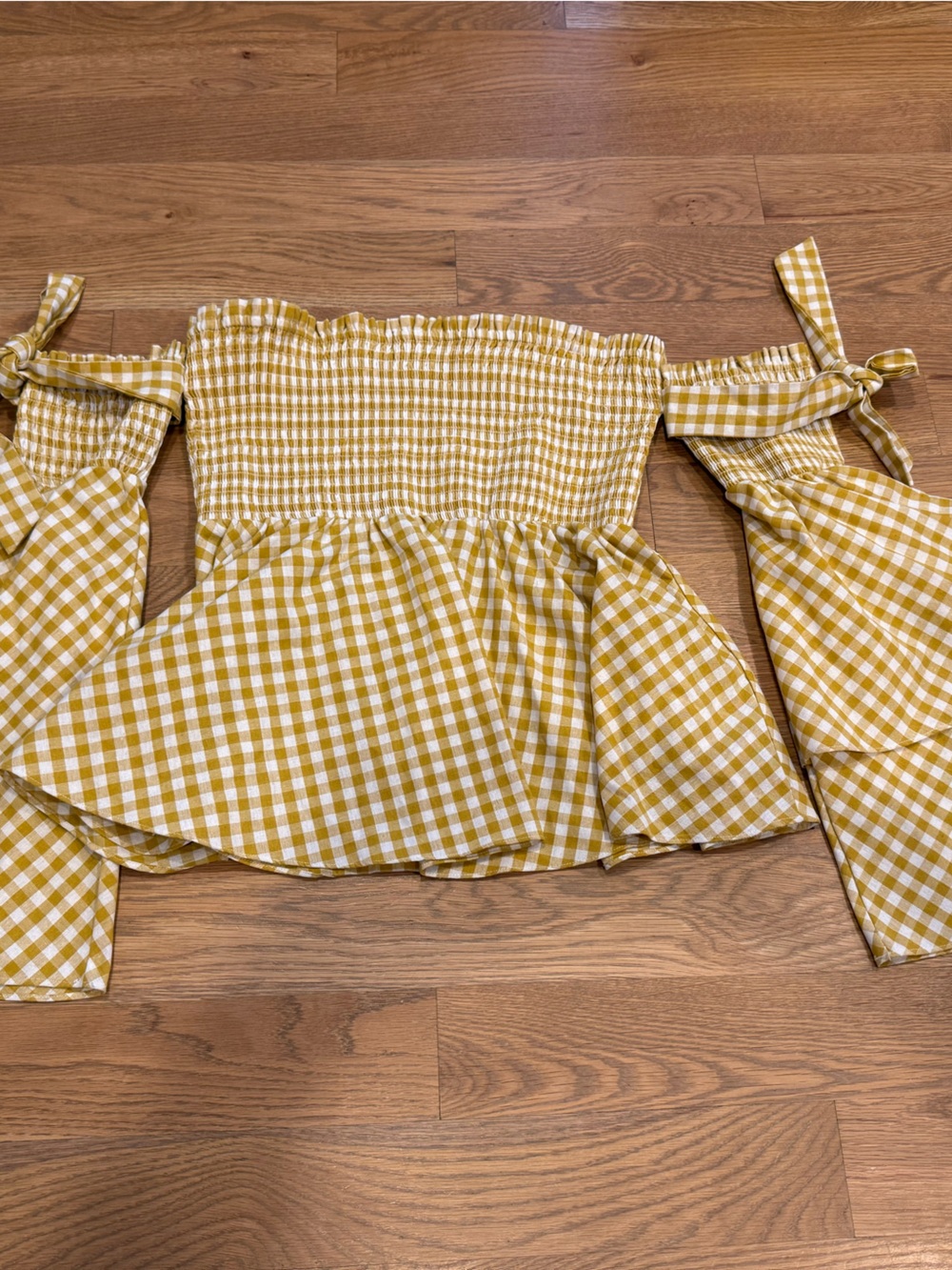 English Factory Yellow Gingham Smocked Off-Shoulder Top